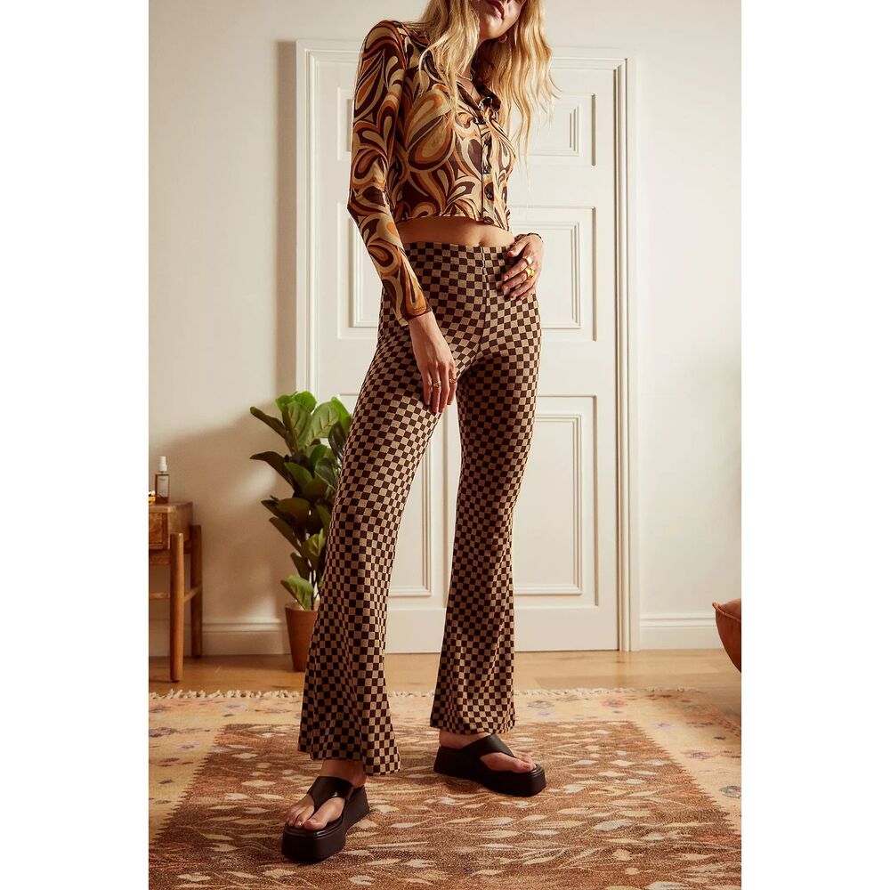 Brown Checkerboard High Rise Flare Pants Retro 70s Y2K